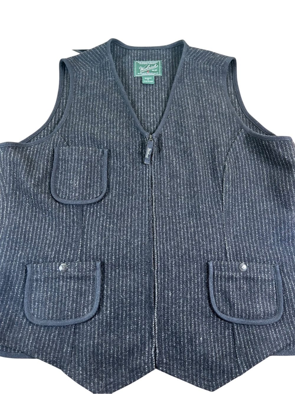 WOOLRICH Women’s XL Wool Blend Striped Utility Vest Black Cinch Back Heritage
